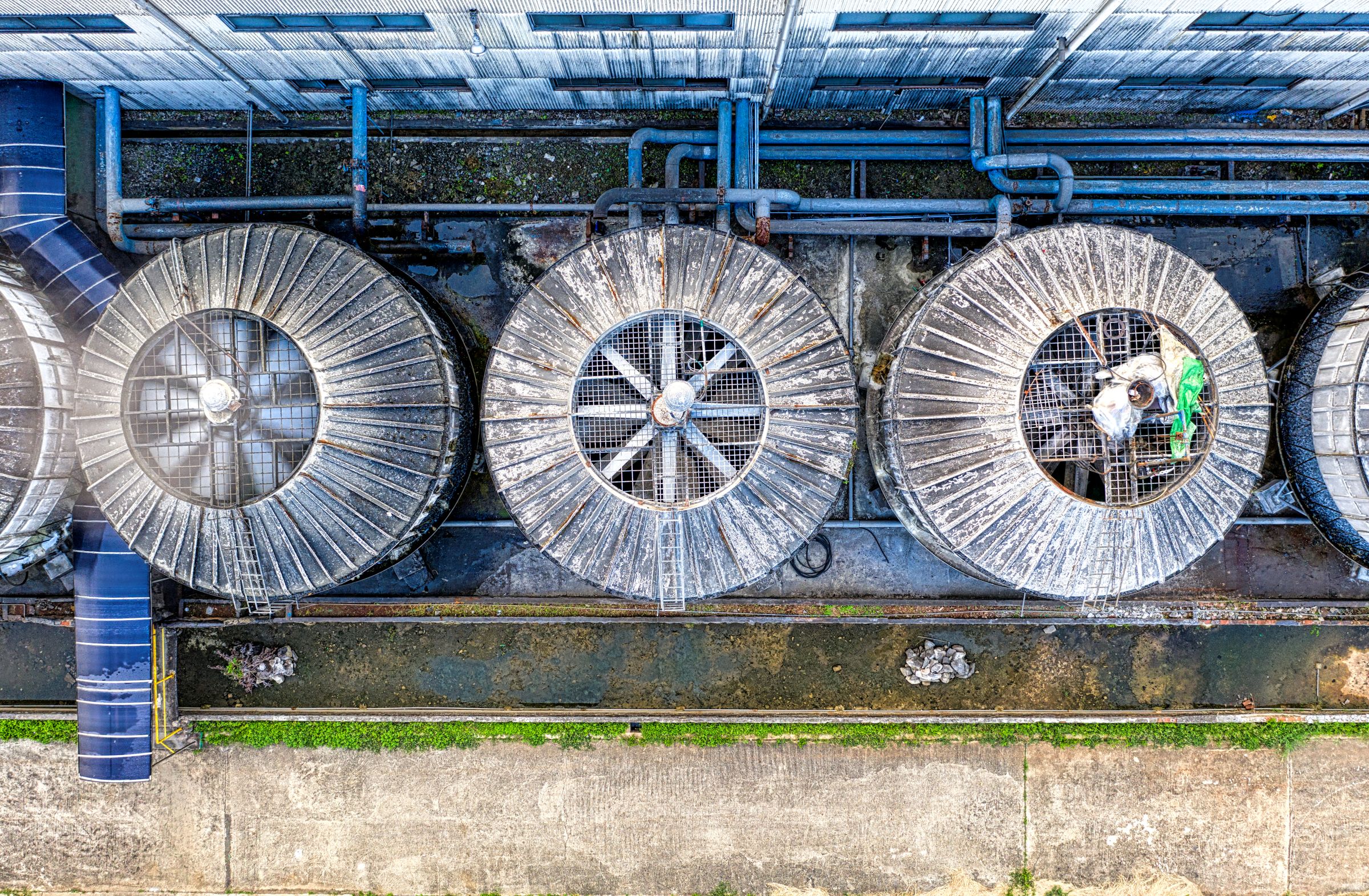 Overhead view of industrial cooling equipment and connected pipework